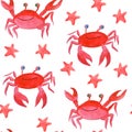 Bright watercolor seamless pattern.Crabs and starfish and beach pebbles on a white background.