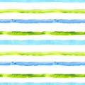 Bright watercolor seamless pattern with green and blue horizontal strips and lines on white background. Striped print Royalty Free Stock Photo