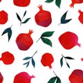 Bright watercolor seamless pattern with leaf, pomegranate, of whole garnet fruit. Concept for print posters, textile, children clo