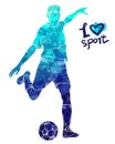 Bright watercolor silhouette of soccer player with ball. Vector sport illustration. Graphic figure of the athlete