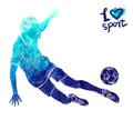 Bright watercolor silhouette of soccer player with ball. Vector sport illustration. Graphic figure of the athlete Royalty Free Stock Photo