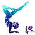 Bright watercolor silhouette of a stretching girl. Vector sport illustration