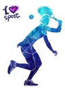 Bright watercolor silhouette of tennis player. Vector sport illustration. Graphic figure of the athlete. Active people Royalty Free Stock Photo