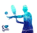 Bright watercolor silhouette of tennis player. Vector sport illustration. Graphic figure of the athlete. Active people