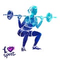 Bright watercolor silhouette of a women with a barbell. Vector sport illustration.