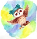 Small owl in a knitted hat with pumpone watercolor illustrtion print to decorate children`s clothing and children`s rooms.