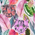 Bright watercolor tropical botanical illustration with colorful leaves and wild animal heads