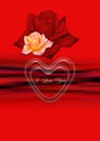 Bright wavy red background with transparent heart and red and yellow roses Royalty Free Stock Photo