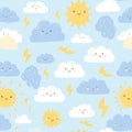 Seamless Weather Pattern With Clouds, Sun, Rain, and Lightning Icons Designed for Boys in a Soft Blue and Yellow Palette Royalty Free Stock Photo