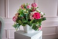 Bright wedding bouquet of summer dahlias and roses