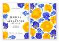 Bright wedding invitation design with realistic flowers of ranunculus, viola and forget-me-not.