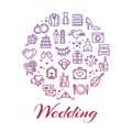 Bright wedding line icons round concept