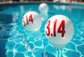 White balloons with the number 3.14 floating in a clear blue pool Royalty Free Stock Photo
