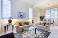 Bright white and blue living room with glass coffee table and ru