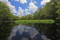 Bright white clouds and cypress trees reflected on calm water of Fisheating Creek, Florida.