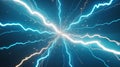 Intense blue and white lightning strikes radiating from a central point against a dark blue background with sparks Royalty Free Stock Photo