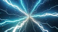 Intense blue and white lightning strikes radiating from a central point against a dark blue background with sparks Royalty Free Stock Photo