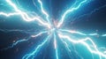 Intense blue and white lightning strikes radiating from a central point against a dark blue background with sparks Royalty Free Stock Photo