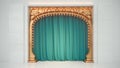 Bright white empty cabaret or comedy club stage with green curtain and art nuovo arch. 3d render