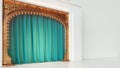 Bright white empty cabaret or comedy club stage with green curtain and art nuovo arch. 3d render