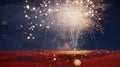 Bright white fireworks exploding over a red field at night with a dark blue sky background Royalty Free Stock Photo