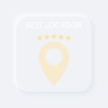 Bright white gradient square button with five stars best pin location. Internet symbol of map place. Neumorphic effect icon. Cube
