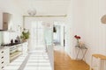 White open ln kitchen interior in stylish home for single family