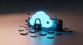 Digital cloud security concept with glowing padlock icon and scattered computer hardware components around Royalty Free Stock Photo