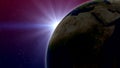 Bright White Of Sunlight Over Earth Planet In Red And Blue Starry Outer Space Background 3D Royalty Free Stock Photo