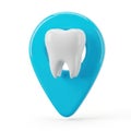 Bright white tooth inside a blue location pin icon isolated on white background Royalty Free Stock Photo