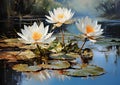 Bright white water lily close up. White lotus on blue background. Delicate flower in the pond Royalty Free Stock Photo