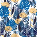 Bright wild botanical jungle leaves pattern, tropical seamless,