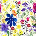 Artistic seamless pattern of watercolor flowers, leaves, inflorescences, branches.