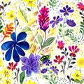 Artistic seamless pattern of watercolor flowers, leaves, inflorescences, branches.