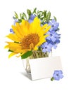 Bright wild periwinkle and sunflower flower bouquet with a blanc for Your text. Royalty Free Stock Photo