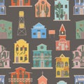 Bright wild west town houses. Western street with floral graffities wood buildings vector seamless pattern.