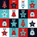 Bright winter holidays checked seamless pattern with red, blue and white squares, christmas bells and stars Royalty Free Stock Photo