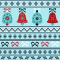 Bright winter holidays horizontal seamless pattern with christmas bells and traditional ornament Royalty Free Stock Photo