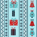 Bright winter holidays vertical seamless pattern with gift boxes and christmas bells Royalty Free Stock Photo