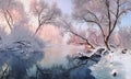 Bright winter landscape with hoarfrost everywhere. Mostly calm winter river, surrounded by trees covered with hoarfrost and snow t Royalty Free Stock Photo