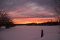 Bright winter sunset over snowy farm pasture with fencepost Royalty Free Stock Photo