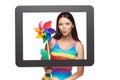 Bright woman with colorful pinwheel Royalty Free Stock Photo