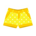 Bright women`s, children`s yellow shorts with a simple floral print. Summer short clothing with pockets and belt. Flat color