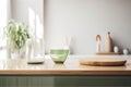 Bright wood top green counter and warm white wall grass glass vase mug. Modern kitchen illustration. Royalty Free Stock Photo