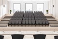 Bright wooden auditorium interior with seatings, city view and daylight.