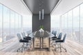 Bright wooden and concrete meeting room interior with panoramic city view, daylight and large table with chairs. Corporate design Royalty Free Stock Photo