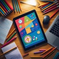 A bright workspace features an iPad displaying colorful infographics, surrounded by a variety of colored pencils Royalty Free Stock Photo