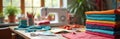 Bright workspace of a seamstress. Color fabric stacks scissors sewing machine and more craft tools. Sewing and textile concept Royalty Free Stock Photo