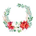 Bright wreath with leaves,branches,fir-tree,cotton flowers,pinecones,poinsettia Royalty Free Stock Photo