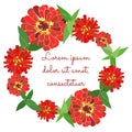 Bright wreath made of Zinnia flowers and leaves Royalty Free Stock Photo